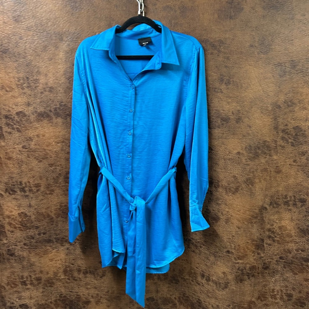 Olia Teal Blue Collared Shirt Dress Tie Belt Button Down Long Sleeve‎ Large